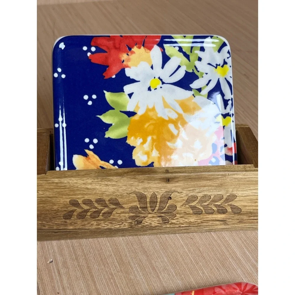 The Pioneer Woman Floral Ceramic Coaster Set of 4 with Engraved Wood Holder Boho